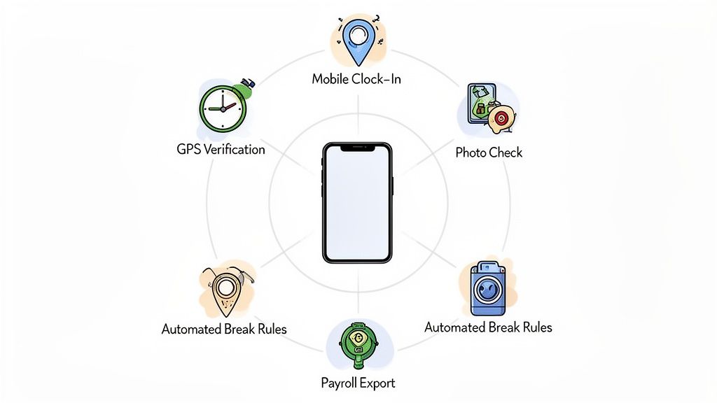 Een diagram toont een smartphone omringd door zes iconen die mobiele tijdregistratiefuncties voorstellen, zoals GPS-verificatie en fotocontrole.