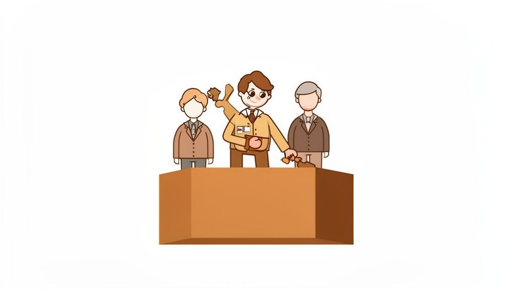 Illustration de trois hommes derrière une table, l'homme du milieu avec un marteau de juge et de l'argent.