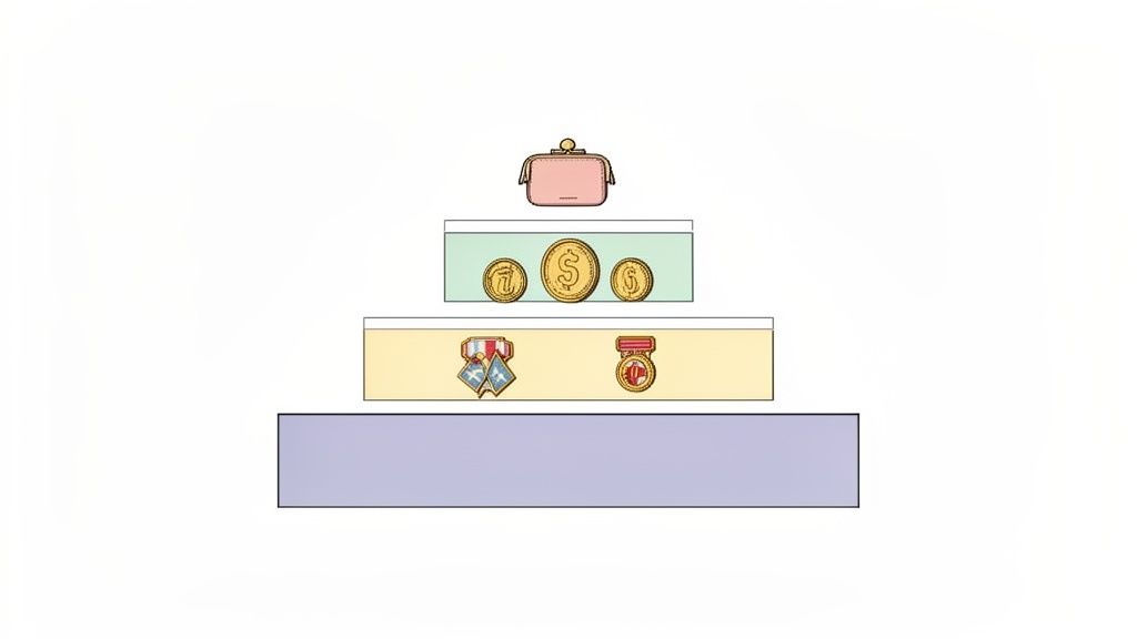 Une pyramide avec une bourse rose, des pièces d'or et des médailles sur des niveaux distincts.