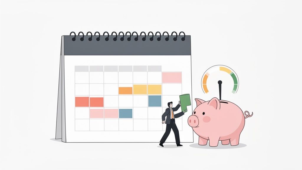 Un homme d'affaires met de l'argent dans une tirelire près d'un calendrier, illustrant la planification financière et l'épargne.