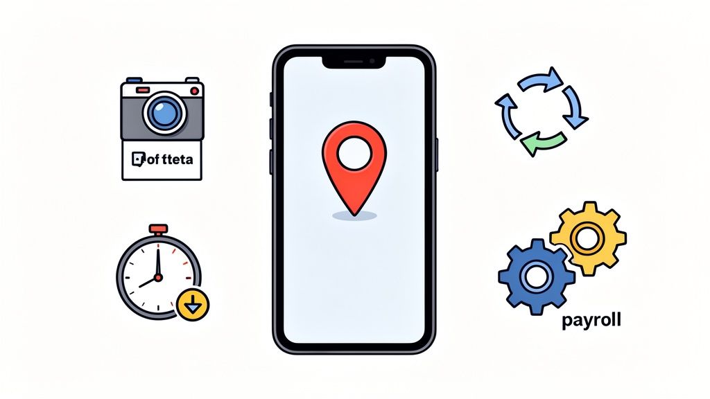 Illustratie van een smartphone met locatie, camera, tijdregistratie, synchronisatie en payroll functionaliteiten.