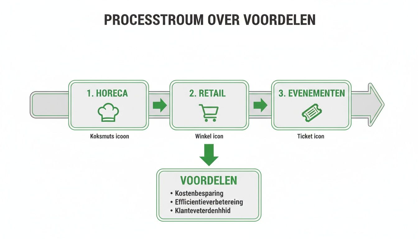 Processtroomdiagram dat de voordelen voor Horeca, Retail en Evenementen toont, zoals kostenbesparing en efficiëntie.