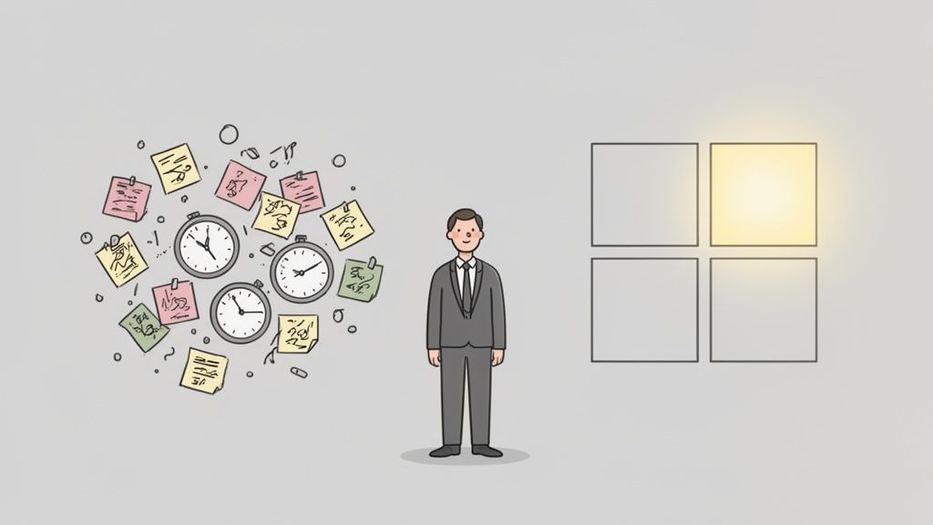 Un homme en costume devant une matrice, contrastant avec des tâches et des horloges désordonnées, illustre la priorisation.