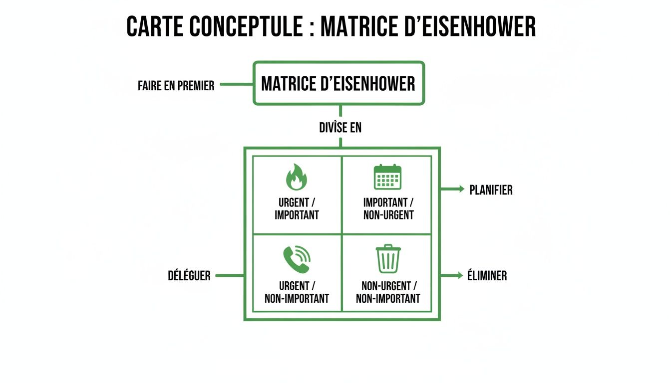 Carte conceptuelle de la matrice d'Eisenhower détaillant les tâches par urgence et importance, avec actions associées.