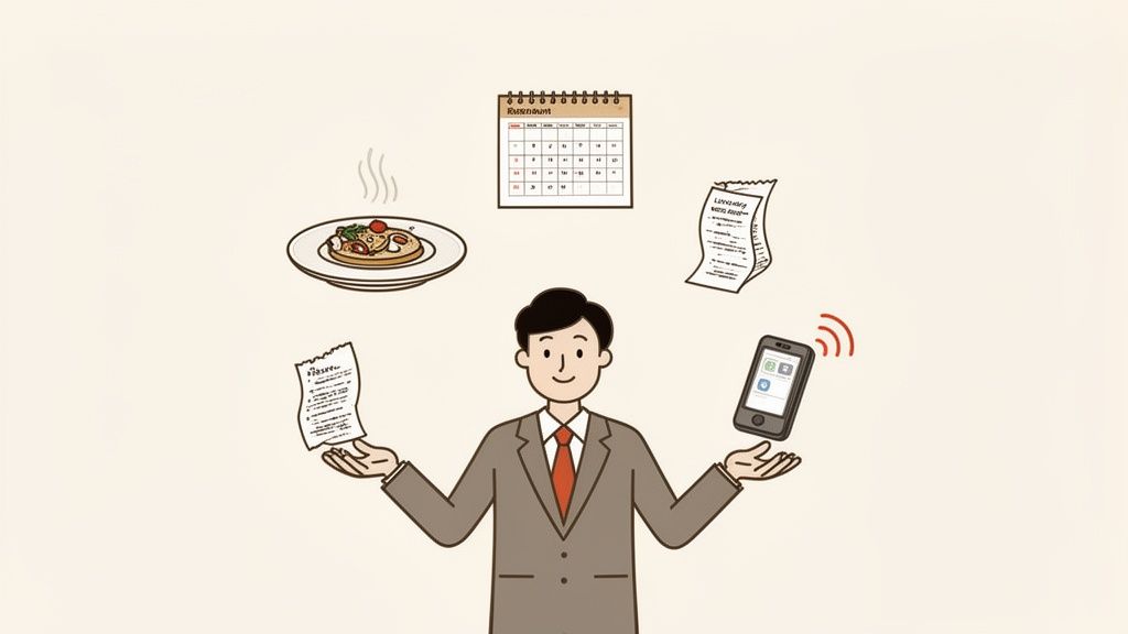 Un homme en costume jongle avec un plat fumant, un calendrier, des documents et un smartphone, symbolisant la gestion multitâche.