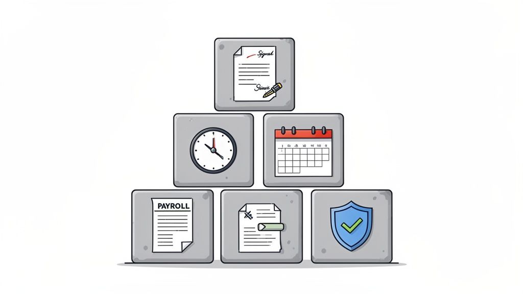 Icônes de gestion administrative RH empilées : document signé, horloge, calendrier, paie, flux de travail et sécurité.