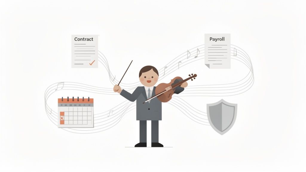 Illustration d'un chef d'orchestre gérant harmonieusement contrats, paie, calendrier et sécurité avec des notes de musique.