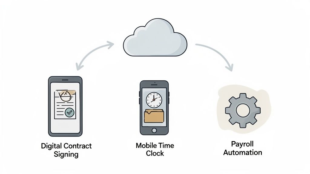 Illustration des processus de gestion des ressources humaines via le cloud : signature numérique, suivi du temps mobile et automatisation de la paie.