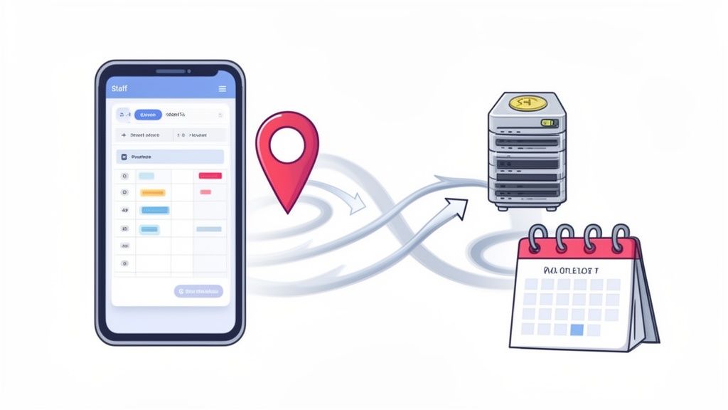 Een smartphone-app, locatiepin, server en kalender verbonden door pijlen, wat wijst op digitaal personeelsbeheer en planning.