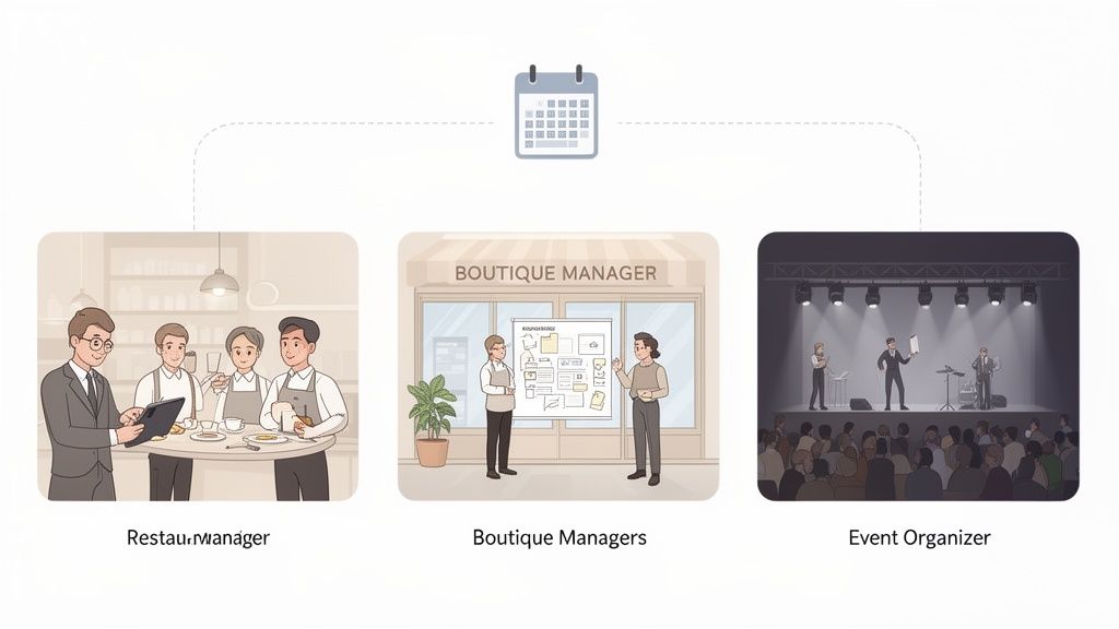 Une icône de calendrier connecte des gérants de restaurant, de boutique et un organisateur d'événements.