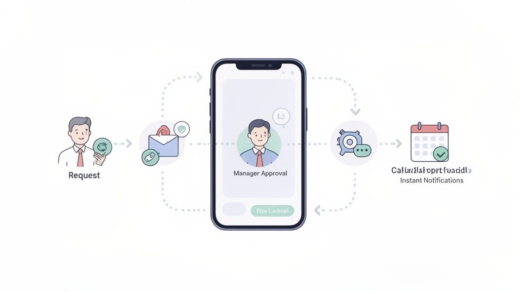 Flux de travail numérique montrant une demande d'employé, son approbation par un manager sur smartphone et des notifications instantanées sur un calendrier.