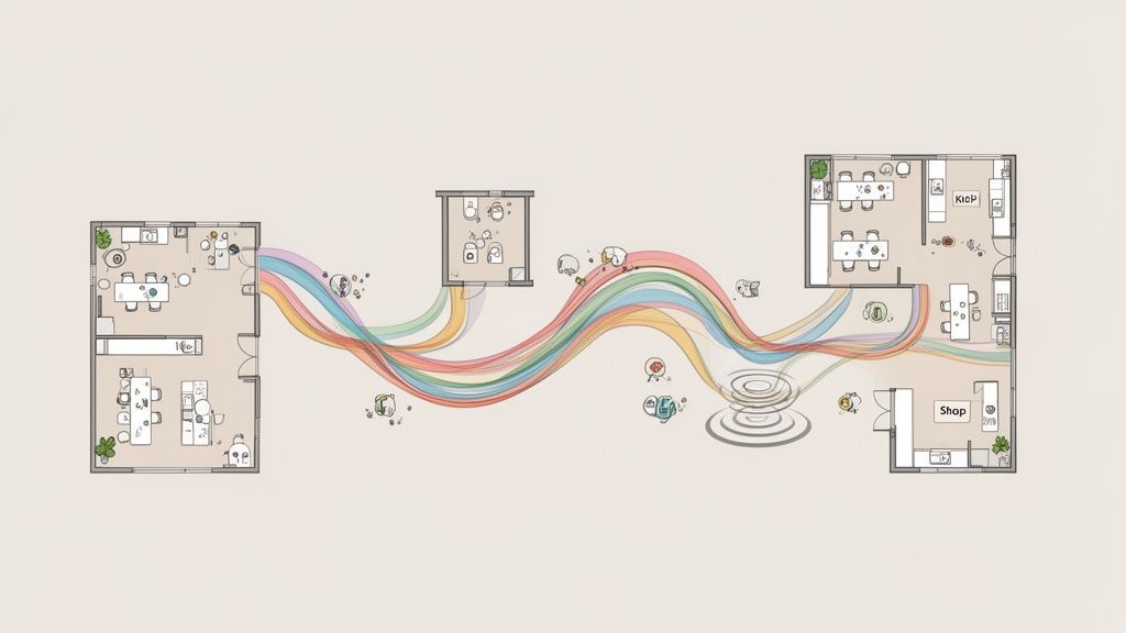 Illustration d'un plan d'étage abstrait montrant diverses pièces de bureau et un magasin reliés par des rubans ondulés colorés, symbolisant le flux de travail ou la connectivité.