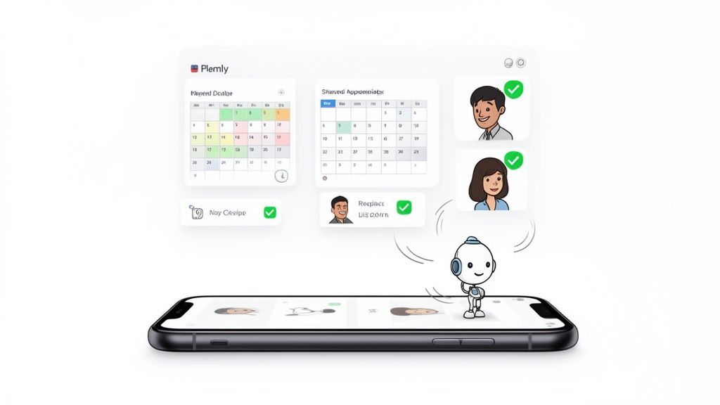 Un smartphone avec un robot interactif, présentant une interface d'application de planification d'événements et de gestion des rendez-vous.