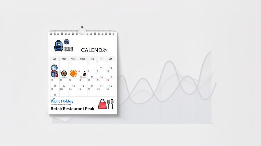 Un calendrier mural avec des icônes colorées illustrant des activités, des jours fériés et des périodes de pointe pour le commerce de détail et les restaurants.
