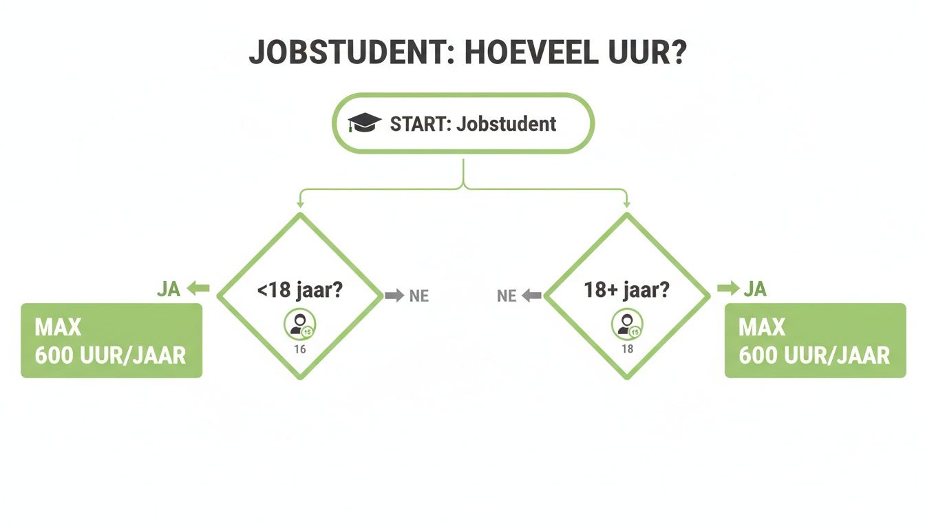Overzicht van maximale werkuren (600/jaar) voor jobstudenten, ongeacht leeftijd (<18 of 18+ jaar).