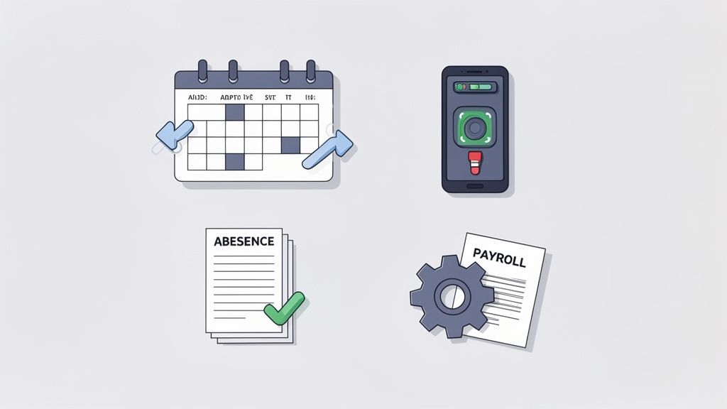 Illustration de la gestion du temps de travail, des absences et de la paie via des icônes.