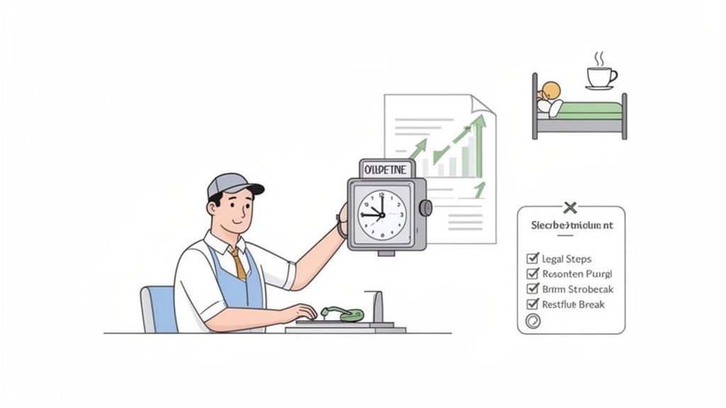 Un homme souriant au travail tient une horloge, avec des graphiques de productivité, un lit et une liste de tâches, illustrant la gestion du temps.