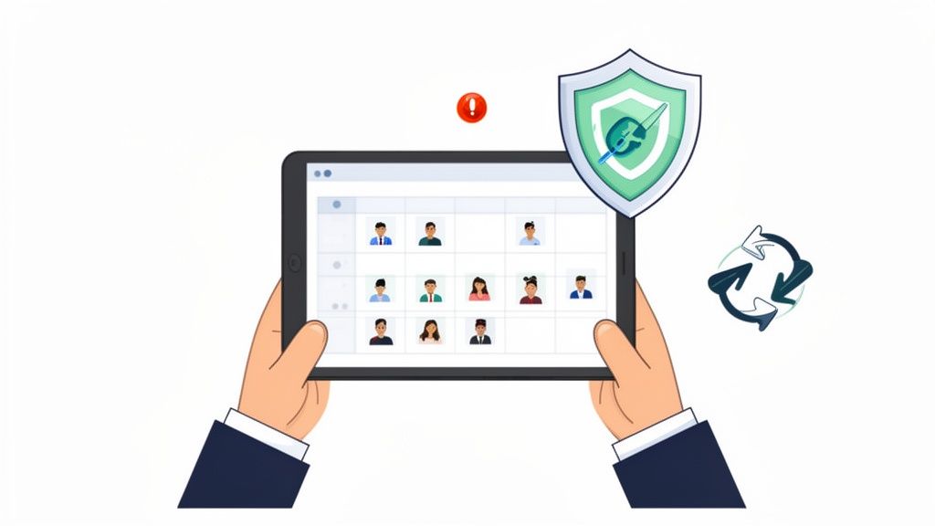 Mains tenant une tablette affichant des profils d'utilisateurs, avec un bouclier de sécurité, un avertissement et des flèches de rafraîchissement.