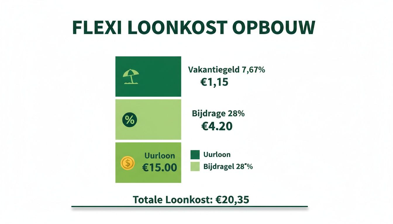 Visualisatie van de opbouw van flexibele loonkosten, inclusief uurloon, vakantiegeld en bijdrage, met een totaal van €20,35.