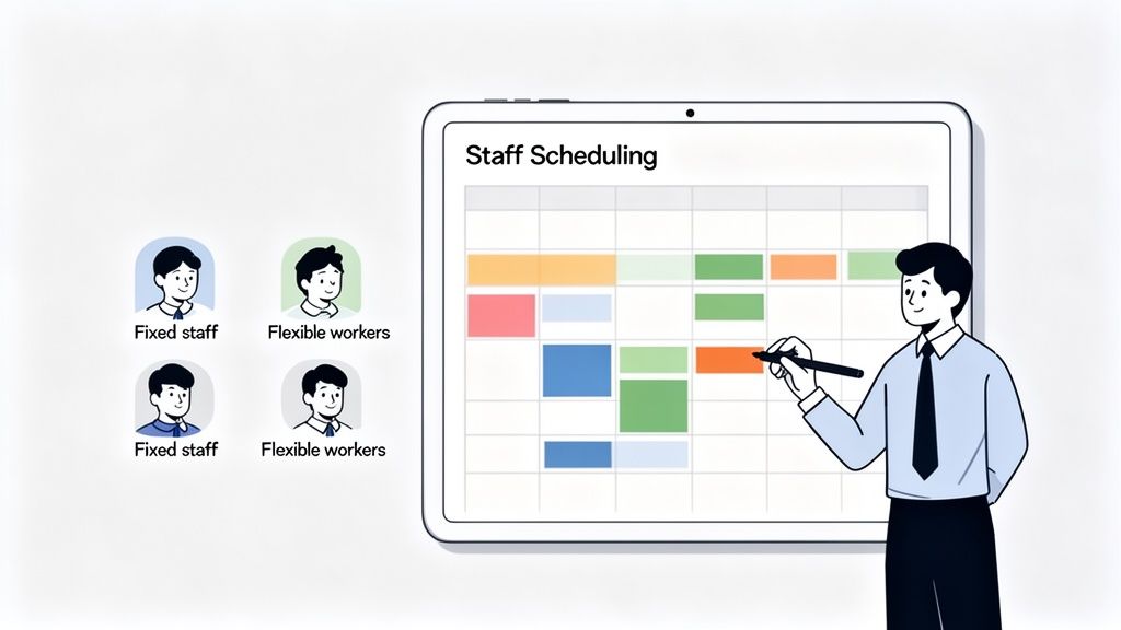 Een man plant personeel in op een tablet, met icons voor vaste en flexibele medewerkers.