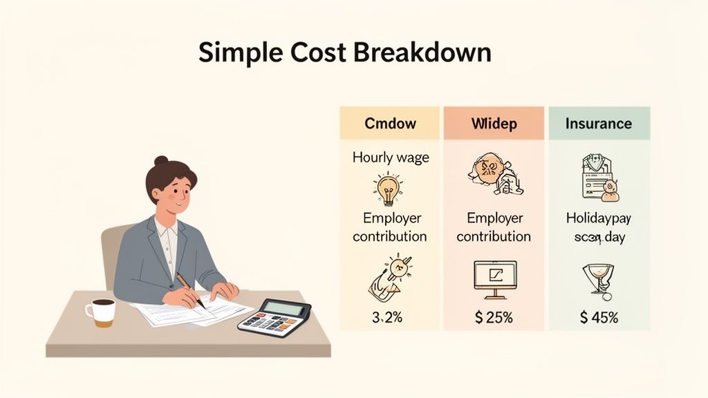 Een persoon berekent kosten met een overzicht van loon, werkgeversbijdrage en verzekeringskosten.