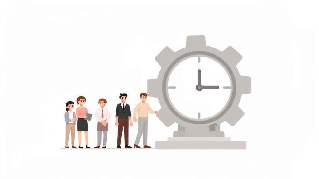 Un groupe de professionnels devant une horloge en forme d'engrenage, symbolisant la gestion du temps et le travail d'équipe.