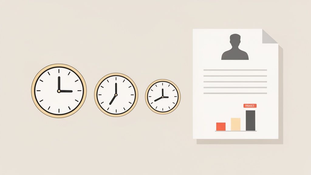 Trois horloges analogiques de tailles différentes et un document professionnel affichant un profil et un graphique d'e-mails.