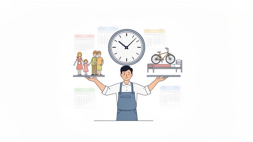 Een man in schort balanceert familie en ontspanning met een klok en kalenders op de achtergrond, wat werk-privébalans symboliseert.