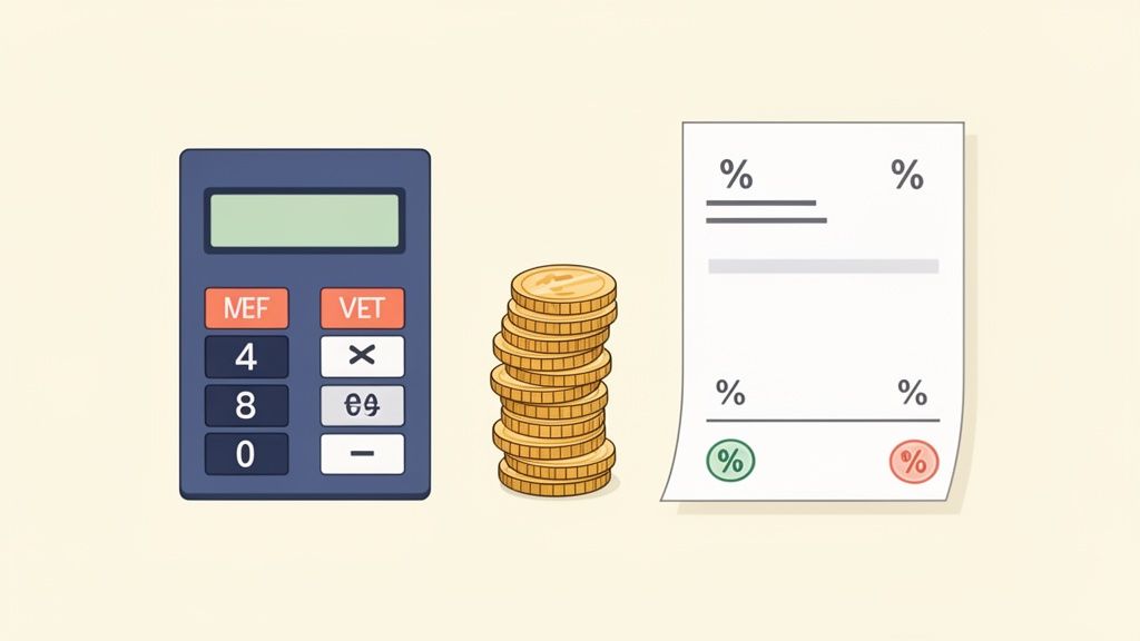 Une calculatrice, une pile de pièces d'or et un document avec des pourcentages, symbolisant la finance et les calculs.