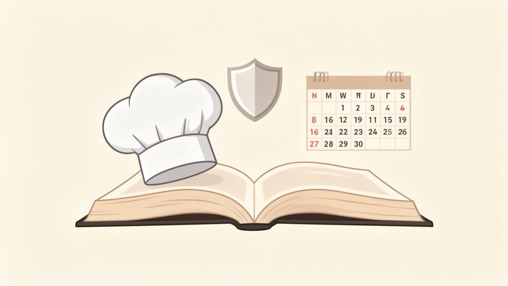 Un livre de cuisine ouvert avec une toque de chef, un bouclier de protection et un calendrier mensuel.