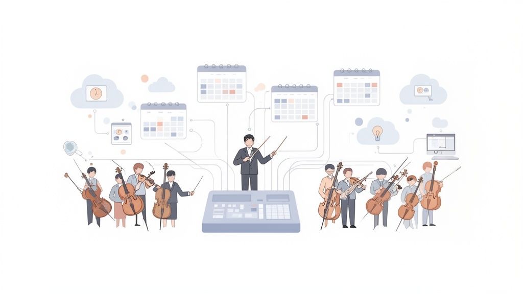 Un chef d'orchestre gère des musiciens et des plannings via un système de ressources humaines numérique.