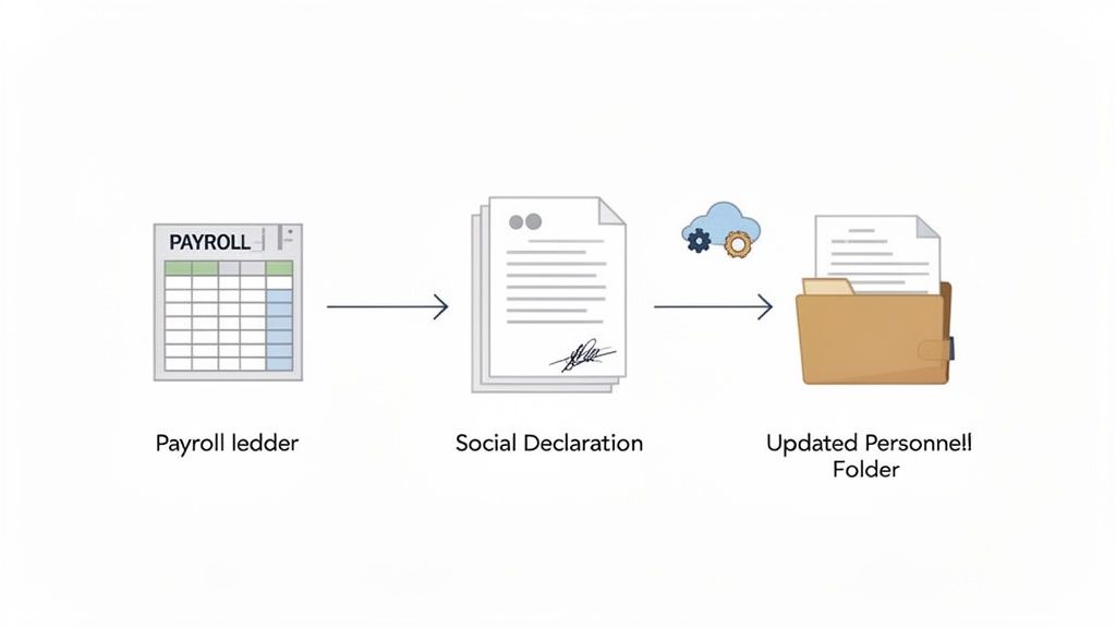 Processus de gestion des documents RH et de la paie, incluant le registre, la déclaration sociale et le dossier du personnel mis à jour.