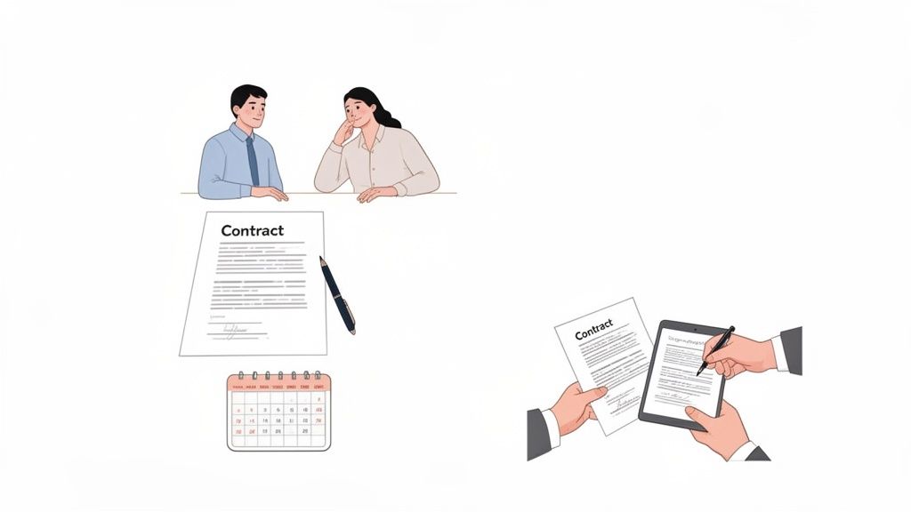 Illustration de personnes discutant et signant des contrats, avec un calendrier et des options numériques.