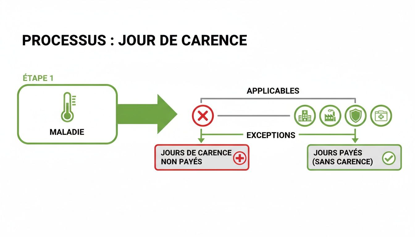 Infographie illustrant le processus du jour de carence en cas de maladie, avec les règles d'application et les exceptions pour les jours payés.