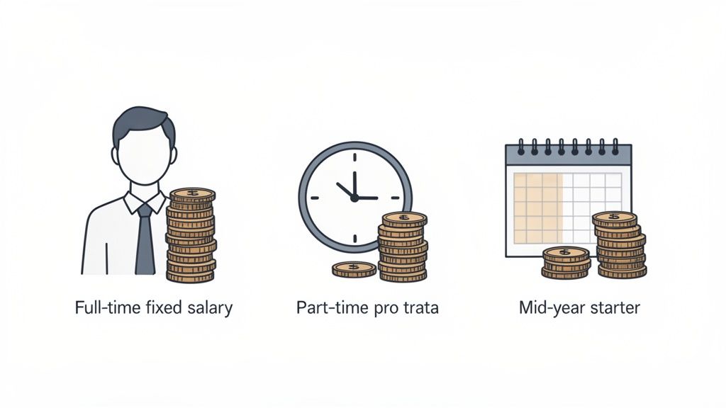 Illustratie van drie salarisberekeningsscenario's: voltijd, deeltijd pro rata en halverwege het jaar gestart.