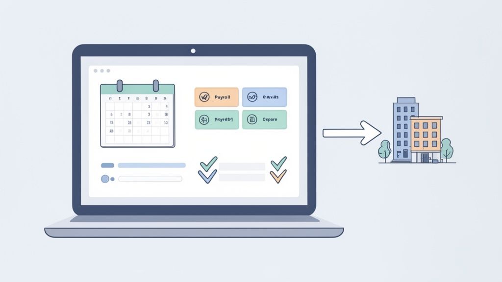 Illustratie van een laptop met kalender en apps voor payroll, wijzend naar bedrijfsgebouwen.