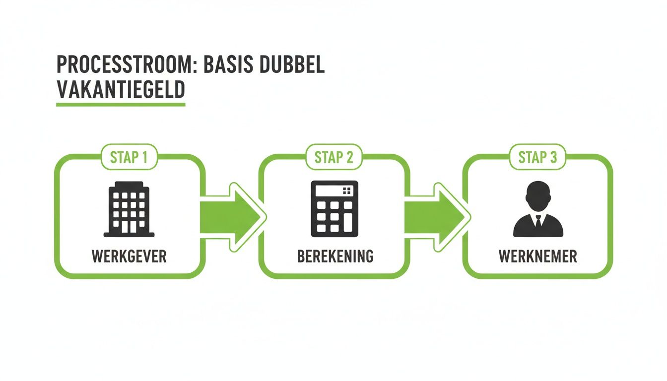 Een stroomschema toont de processtroom voor basis dubbel vakantiegeld, van werkgever via berekening naar werknemer.
