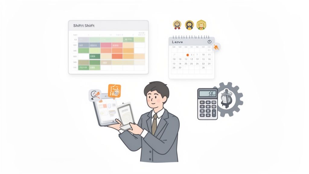 Un homme utilise des appareils numériques pour la gestion des horaires de travail, des congés et des salaires, illustrant un logiciel de gestion.