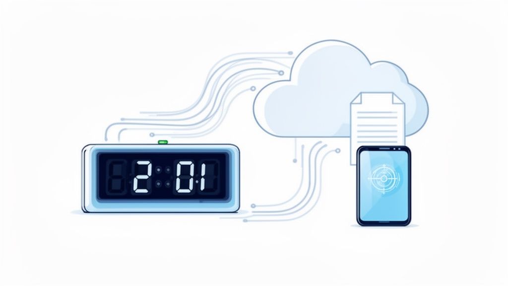 Horloge numérique affichant 2:01, connectée à un cloud et un smartphone, symbolisant la synchronisation des données et le suivi du temps.