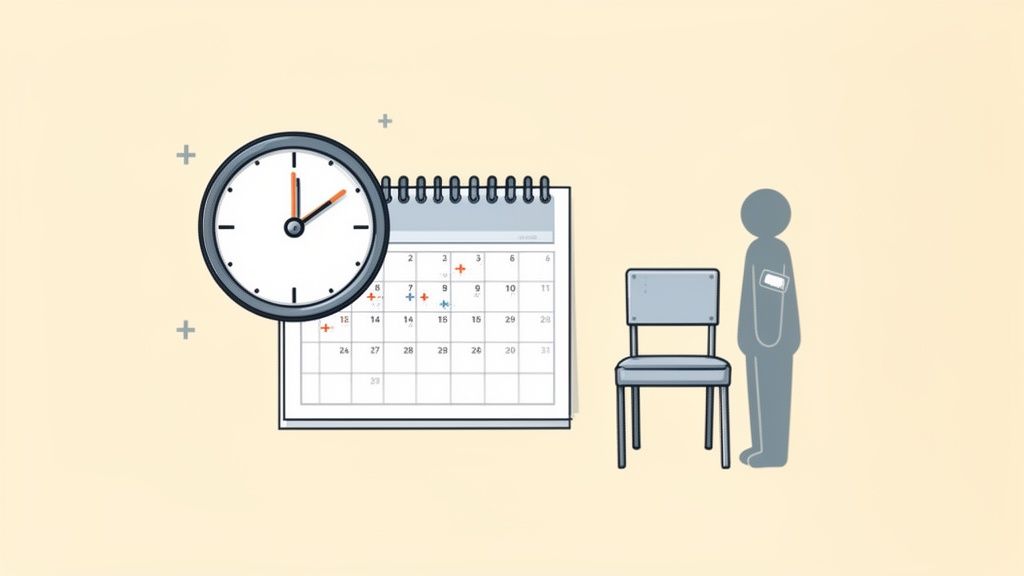 Une horloge, un calendrier avec des croix, une chaise et une personne, représentant la gestion du temps et les rendez-vous.