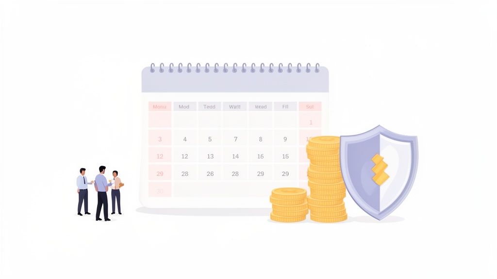 Calendrier, hommes d'affaires, piles de pièces d'or et bouclier symbolisant la sécurité financière et la planification.