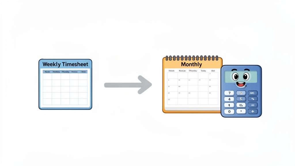 Illustration montrant le passage d'une feuille de temps hebdomadaire à un calendrier mensuel avec une calculatrice, pour le calcul des heures.