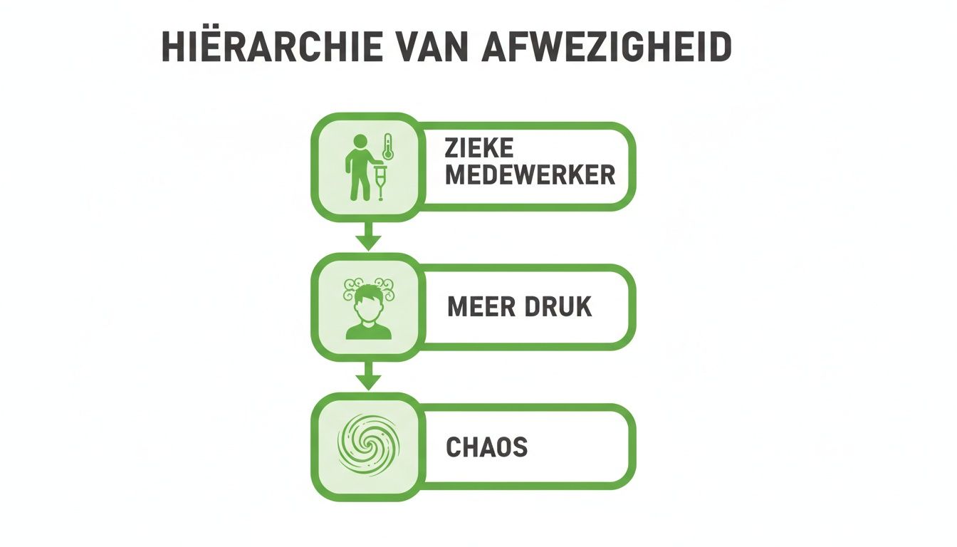 Infographic over de hiërarchie van afwezigheid: een zieke medewerker leidt tot meer druk en uiteindelijk tot chaos.