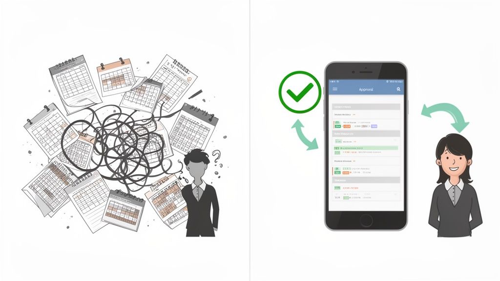 Het contrast tussen rommelig verlofbeheer met kalenders en snelle digitale goedkeuring via een app.