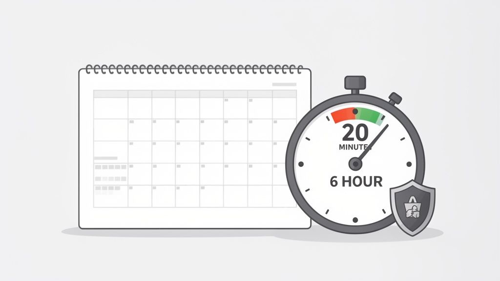 Calendrier et chronomètre affichant 20 minutes et 6 heures, avec un bouclier de sécurité. Représente les pauses de travail légales.