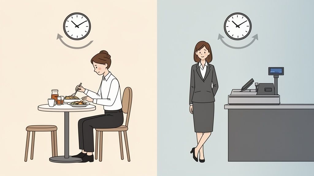 Deux femmes. L'une prend une pause déjeuner, l'autre travaille derrière un comptoir de caisse, avec des horloges.