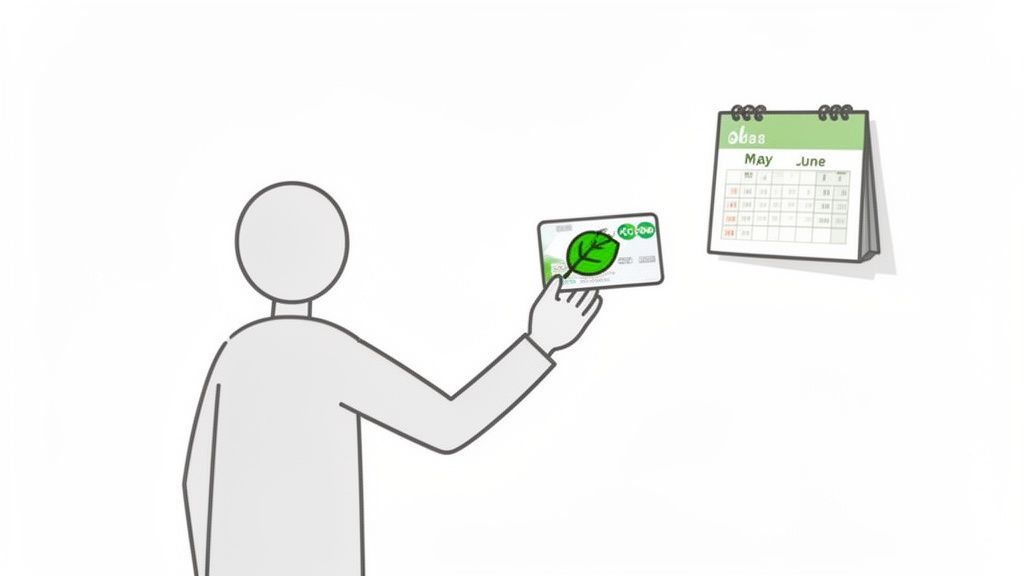 Een persoon houdt een groene ecocheque-kaart vast en kijkt naar een kalender voor mei en juni.