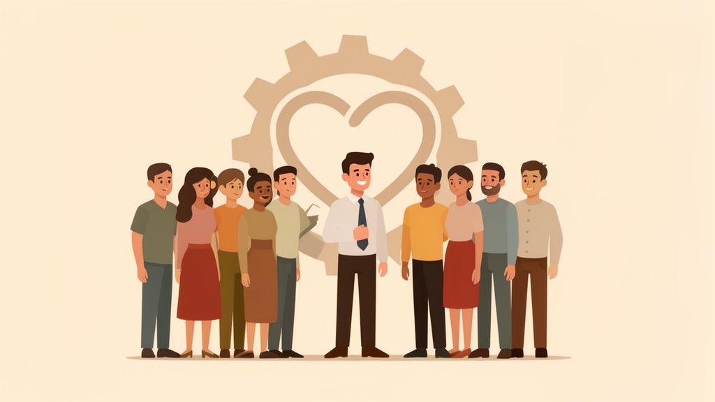 Un groupe diversifié de personnes devant un engrenage avec un cœur, symbolisant la gestion des ressources humaines et le travail d'équipe.