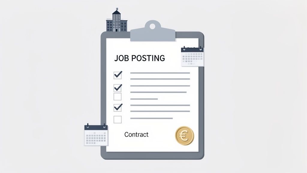 Un presse-papiers avec le titre « JOB POSTING », des cases à cocher, un contrat, une pièce en euro et des icônes de calendrier.