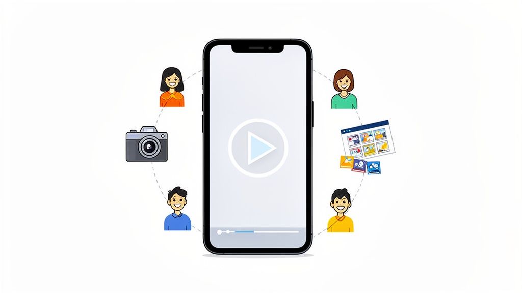 Un smartphone avec un bouton de lecture, entouré d'utilisateurs, d'un appareil photo et d'images numériques, symbolisant le partage de médias.